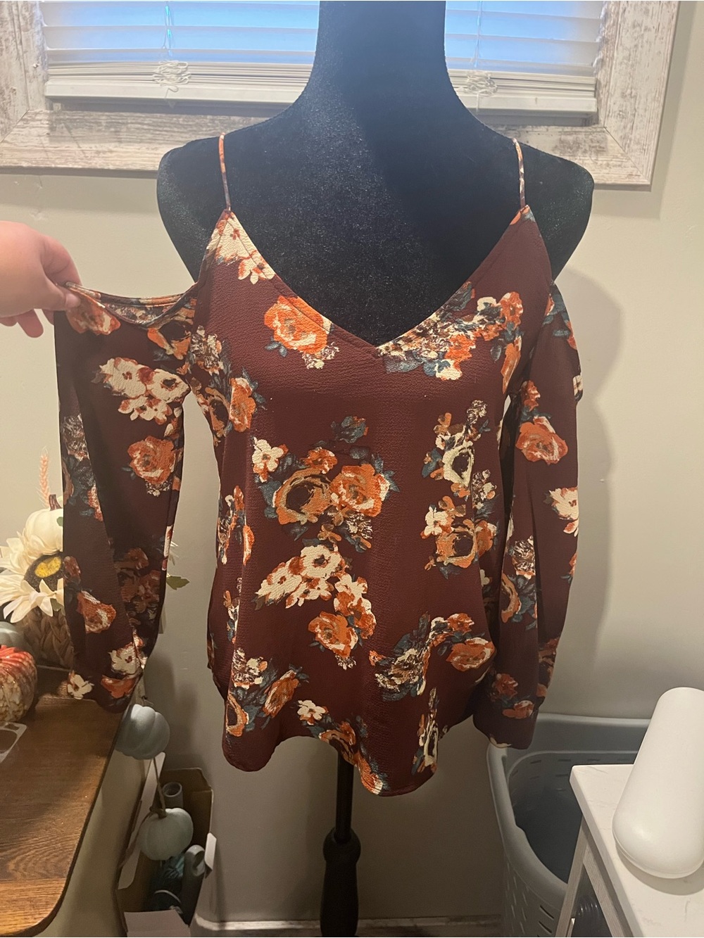 Sweet Wanderer Burgundy Floral Cold-Shoulder Cami Top